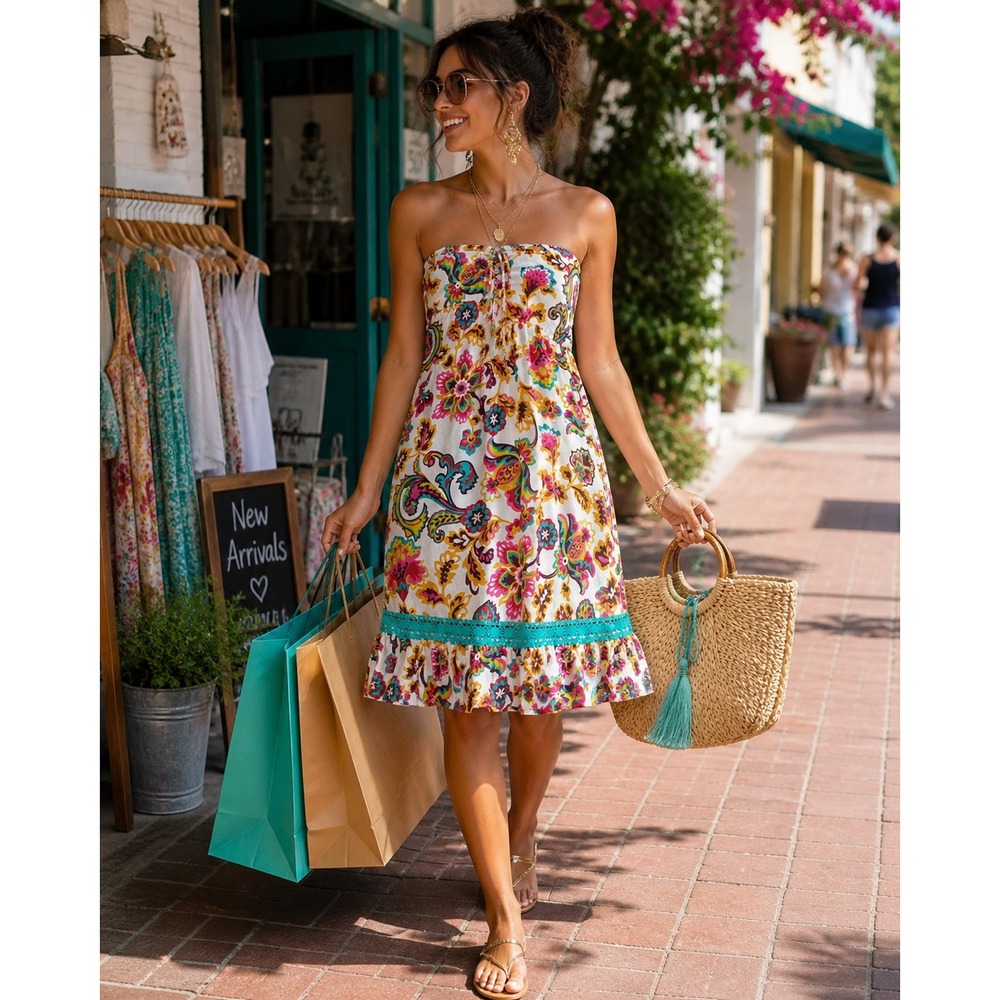 Strapless Floral Paisley Sundress Boho Beach‎ Mini Dress Turquoise Trim Sz Med